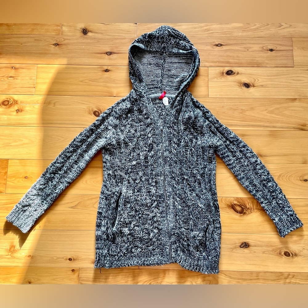 H&M Women’s Marled Black & White Knit Hooded Zip Cardigan w/ Pockets Size XS